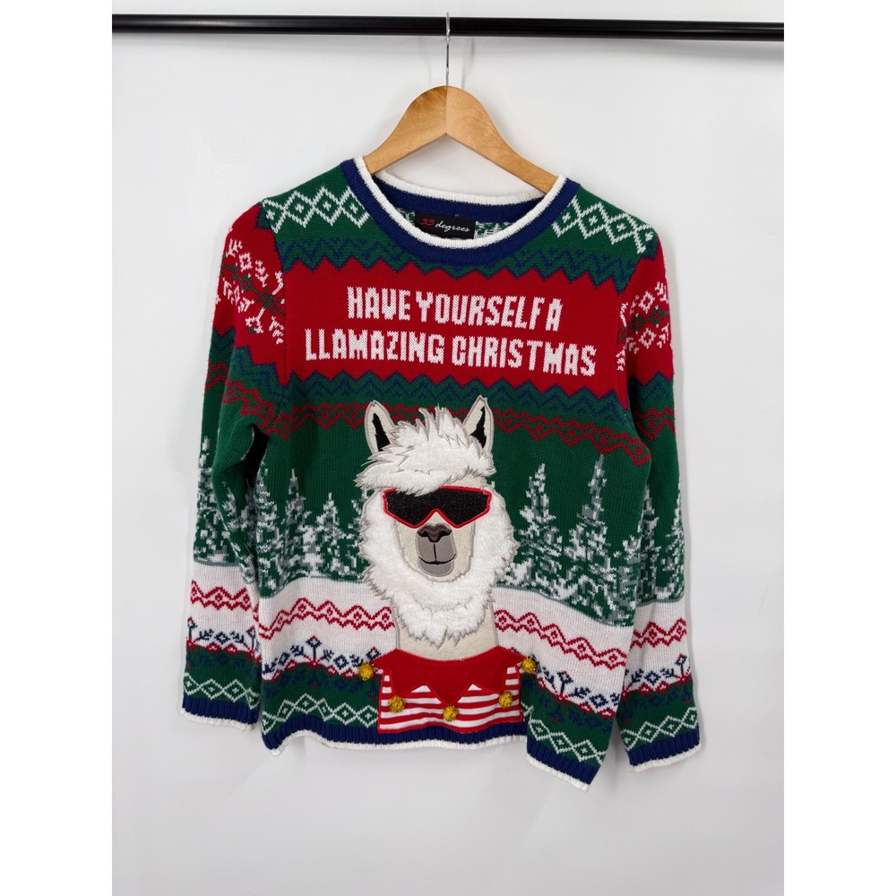 33 Degrees Llamazing Christmas Sweater Mens Large Llama Pom Poms Ugly Tacky